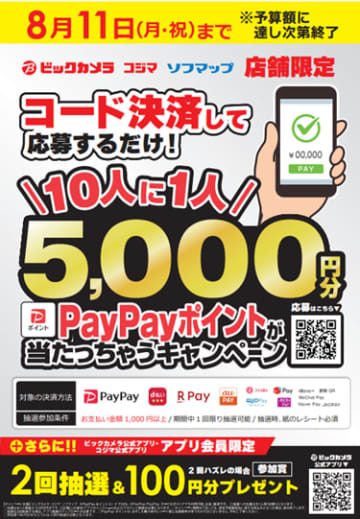 ビックカメラグループ、10人に1人にPayPayポイント「5000円分」が当たるキャンペーン！