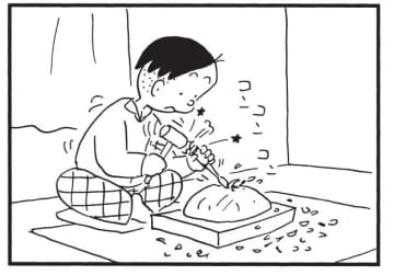 朝イチ更新！4コマ漫画『かりあげクン』一生懸命彫ってできた力作