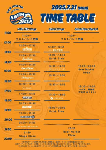 下北沢SHELTER・下北線路街空き地で開催の『Swim in the Beer Fest 2025』タイムテーブル発表