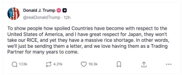 トランプ氏、「日本はコメ不足なのに我々の米を受け入れず」SNSで不満