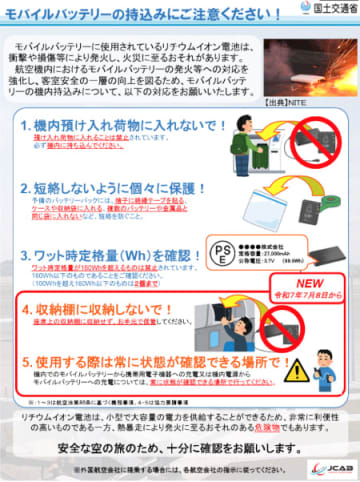 国土交通省、7月8日から「モバイルバッテリー」を機内座席上の収納棚に入れないで！