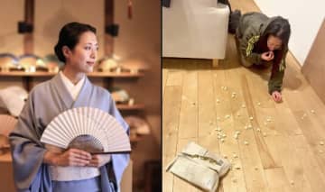 【閲覧注意】扇子屋の美人女将、衝撃の“正体”をセルフ開示。床のポップコーンを食べる姿に「イメージ崩壊したw」と爆笑の渦