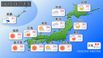 きょう6日(日)の天気　西日本、東日本では熱中症に注意　先島諸島は激しい雨の恐れ