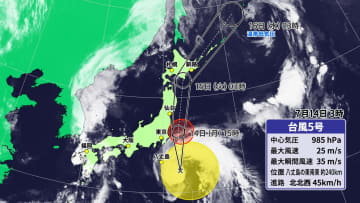 14日（月）台風5号は関東の東を北上　関東や東北は大雨・暴風・高波に警戒