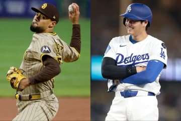 死球から約１か月…“痛がるフリ”で和ませた大谷翔平、スアレスと再会！ オールスターで交わした笑顔の握手