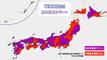 22日（火）午後も猛暑日続出　北海道は24日（木）まで記録的な高温地域も　熱中症に警戒