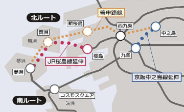 大阪府、市／夢洲アクセス鉄道、桜島・中之島延伸案に優位性／事業費は３５１０億円