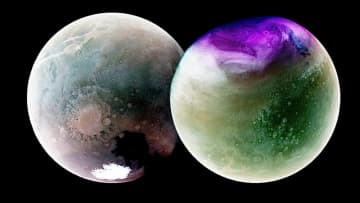 紫外線で見る火星の南半球と北半球　探査機MAVENが撮影