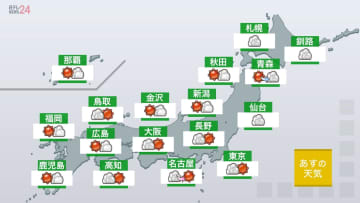 【あすの天気】沖縄や九州～東北の日本海側、晴れる所多い　北海道や東北太平洋側、雲が多い