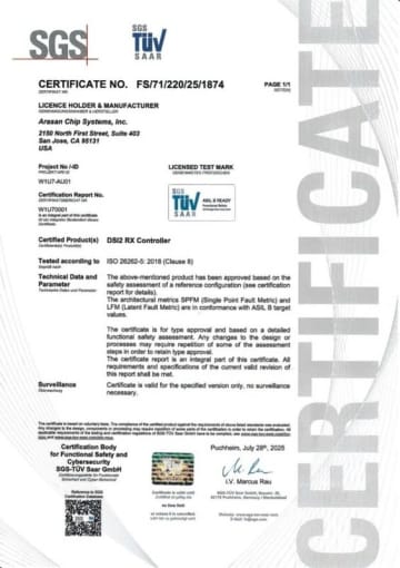 ArasanのMIPI DSI-2 RxコントローラがISO 26262 ASIL-B認証を取得