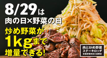 炒め野菜を1kgまで無料で増量! 肉＆野菜の山が秋葉原に出現! 「肉と炒め野菜 ステーキロッヂ」が「肉の日×野菜の日」キャンペーンを本日29日(金)限定開催