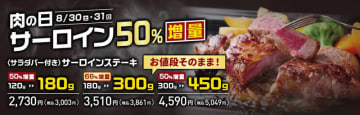 サーロインステーキがお値段そのまま最大66%増量! あさくまが「肉の日 お客様感謝デー」を30日(土)、31日(日)に開催