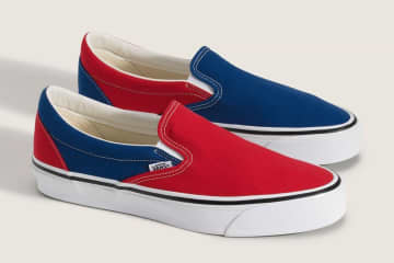 Vans×エンジニアド ガーメンツのスニーカー、切り替え配色のアシンメトリースリッポン