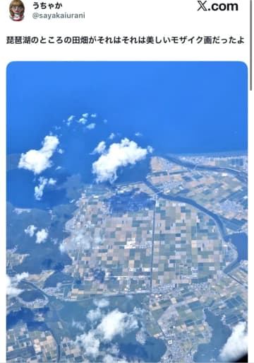 まるで美しいモザイク…上空から見た琵琶湖の田畑風景、その幾何学的な美しさに「本当にモザイクだと思っちゃった！」の声も