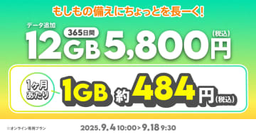 povoから「データ追加12GB（365日間）」の期間限定トッピング