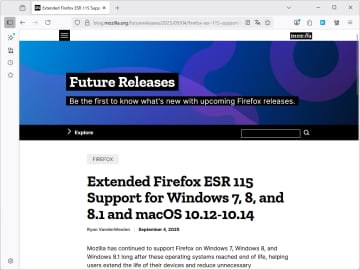 「Firefox ESR 115」のWindows 7対応がさらに延長、これで3度目／Windows 8.xも含めて2026年3月まで、macOS 10.12、10.13、10.14にも適用