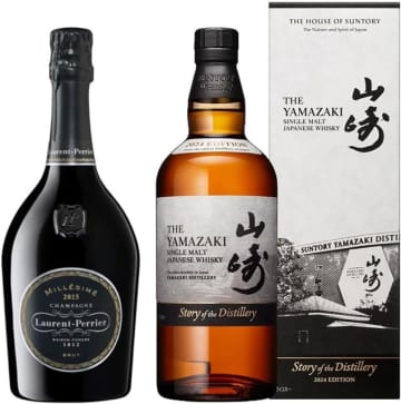 加糖(ドザージュ)なしのシャンパン「ローラン・ペリエ ブリュット ミレジメ 750ml」とシングルモルトウイスキー「山崎 Story of the Distillery 2024 700ml」のセットが税込28,130円! 出荷・販売はAmazonが担当