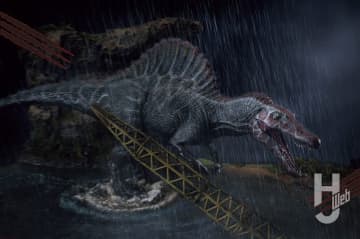 エクスプラス「スピノサウルス」　筆塗りで濡れたツヤ感をリアルに再現し『ジュラシック・パークIII』のワンシーンをディオラマ化！ 水中の泥の濃淡などベースにも注目!!