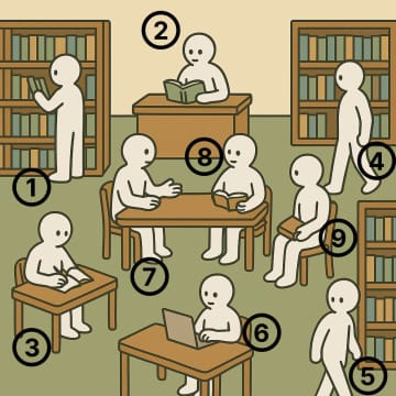 直感で選んで！図書館にいる9人の中で「一番自分に似ている人」は誰？【心理テスト】