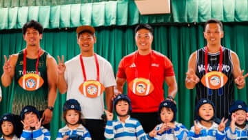 プロラグビー選手が故郷・伊丹の幼稚園に凱旋　後輩のちびっ子ラガー250人と交流