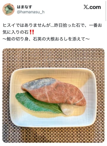 この写真、何の料理に見えますか…？まるで鮭の切り身みたいな写真、意外な正体に「石の盛り付けセンス最高すぎる…」と驚く声が寄せられる