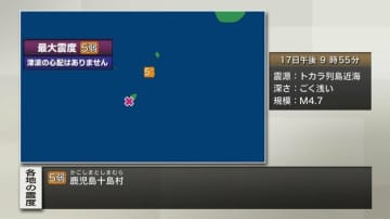 鹿児島・十島村で震度5弱 津波の心配なし 午後9時55分ごろ
