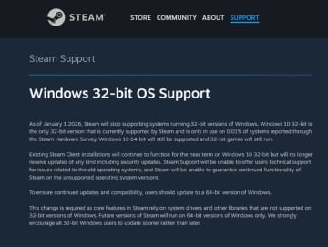 Steamが2026年に32ビット版Windowsのサポートを終了へ―調査では現在の使用率は0.01％のみ
