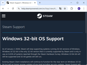 「Steam」の32bit版Windows対応が2026年1月1日で終了 ～影響を受けるユーザーは0.01％／64bit版へのアップデートを