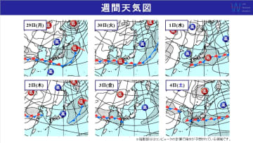 週間天気　週明けは広く雨で北陸は『警報級の大雨』に！関東～九州は30度以上の暑さになる日あり