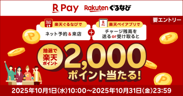抽選で楽天ポイントが2000ポイント、「楽天ぐるなび」と「楽天ペイ」利用で当たる
