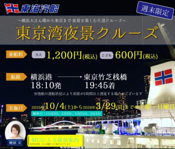 東海汽船、横浜大さん橋～東京竹芝桟橋の「東京湾夜景クルーズ」。95分1200円で謎解きイベントも