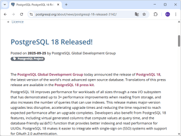 「PostgreSQL 18」が公開 ～非同期I/O採用で最大3倍の高速化、「UUID v7」にも対応／オープンソースのリレーショナルデータベース（RDB）システム