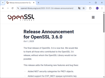 「OpenSSL 3.6」がリリース ～旧バージョンにはセキュリティ修正も／次回のアップデートは2026年4月の「OpenSSL 4.0」