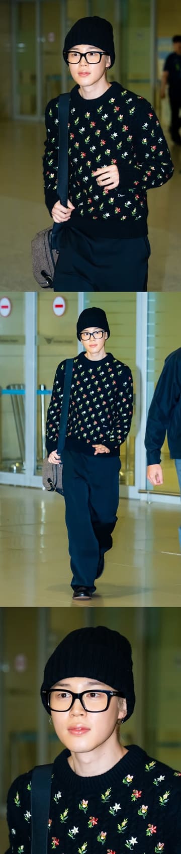 花柄ニットで際立つキュートさ！BTS・JIMINがパリ・ファッションウィークを終えて無事帰国【PHOTO】