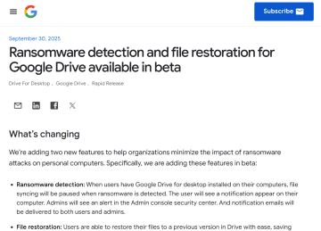 「Google ドライブ」がランサムウェア検出・ファイル復元機能をベータ版として提供／ランサムウェアを検出すると同期を停止し、ユーザーと管理者の両方にメールで通知する