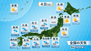 西〜東日本を中心に雨　西日本では激しい雨の所も　長崎県は朝にかけて線状降水帯発生のおそれ　東日本は雨で気温ダウン
