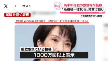 高市新総裁の誤情報が拡散　“所得税率一律10%と発言”投稿は誤り