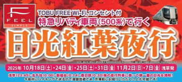 東武トップツアーズ、「日光紅葉夜行23：45」発売中　日光朝着の臨時夜行列車を利用