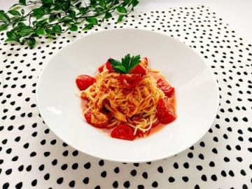【トマトとツナの冷製パスタ】便利な野菜だし使用！