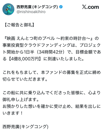 1日半で4.8億円！？キンコン・西野亮廣、映画のクラファンが驚異の速さで集まったことを報告。「凄すぎて今年一、震えました」とファンから驚きの声