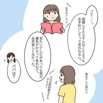 宿題よりもお手伝い。テレビは男優先。男尊女卑を強いられ義実家と疎遠になった娘。女に学歴はいらない［２６］｜ママ広場マンガ