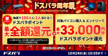 【ニュース・フラッシュ】100人に1人に最大10万円相当を還元！ドスパラ周年祭