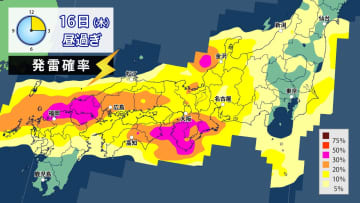 西・東日本　16日（木）にかけて　大気非常に不安定　落雷・突風・天気急変のおそれ