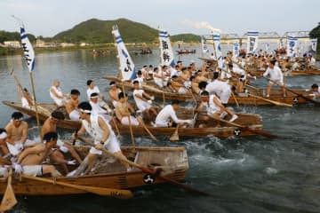 早船競漕、一斉に水しぶき　和歌山・新宮で御船祭