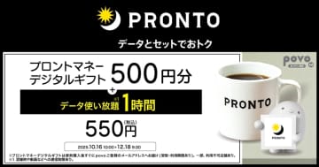 povo2.0、プロントの500円ギフトと1時間データ使い放題セットで550円のトッピング