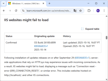 Windowsパッチ「KB5066835」に問題 ～Webサーバー「IIS」に接続不能、エラーが出る／Windows 11 バージョン 24H2/25H2、Windows Server 2025に影響