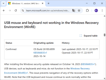 Windows 11 24H2/25H2パッチに問題、「WinRE」でUSBキーボード・マウスが操作不能に／「KB5066835」の適用後、OS復旧などの作業が行えなくなる
