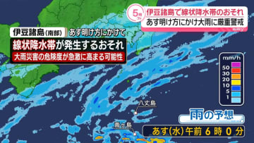 伊豆諸島、あす明け方にかけ「線状降水帯」発生のおそれ　大雨災害に厳重警戒を