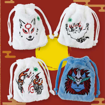 「大神」シリーズより「アマテラス」と「オキクルミ」の刺繍入りふわふわ巾着が登場カプセルトイ＆物販/オンラインで販売
