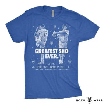 【大谷翔平伝説】「THE GREATEST SHO EVER」Tシャツ、日本最速で予約開始！ワールドシリーズ進出決定の“あの瞬間”を刻んだMLB選手会公式Tシャツ！